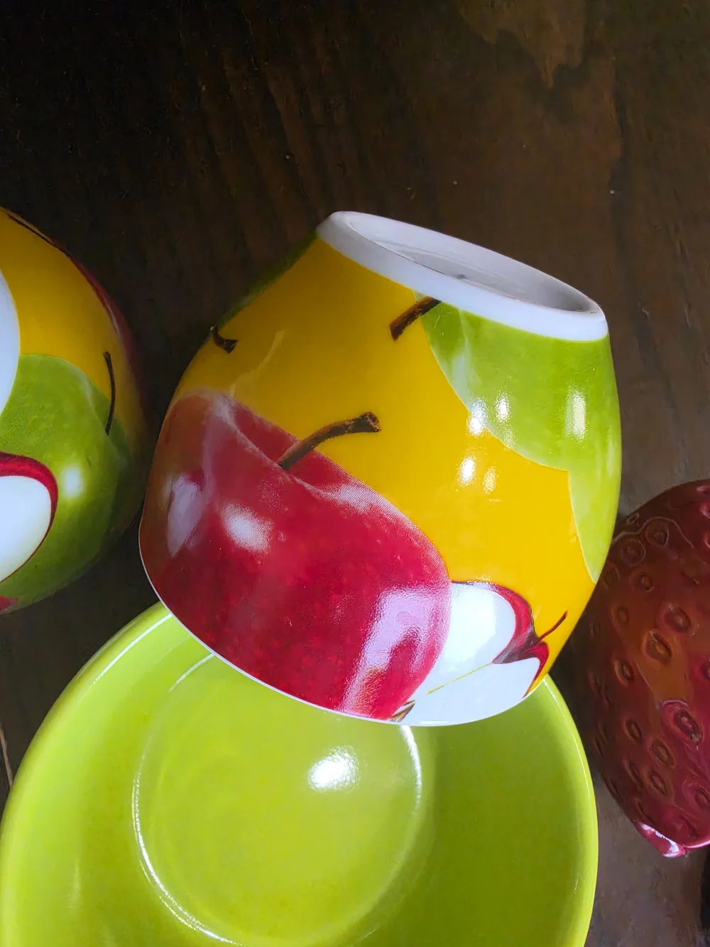 Bright Green Ceramic Tea Set with Fruit Accent Cups